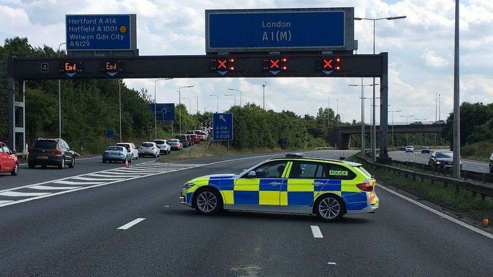 The A1(m) In Hertfordshire Is Closed In Both Directions Between J3 And J4 Northbound And J4 And J2 Southbound Due To A Hertfordshire Police Led Incident. Emergency Services Are Currently In Attendance